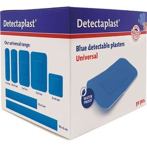 Detectaplast blauwe pleisters Universal, metaaldetecteerbare, waterdichte en vuilwerende pleisters sensitive, voor de voedingsindustrie, catering en grootkeuken, 50 x 72 mm, 50 stuks