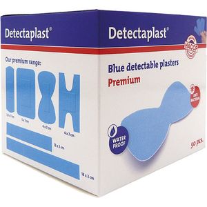 Detectaplast blauwe pleisters Premium, metaaldetecteerbare, waterdichte en vuilwerende pleisters sensitive, voor de voedingsindustrie, catering en grootkeuken, 68 x 38 mm (vlinder), 50 stuks