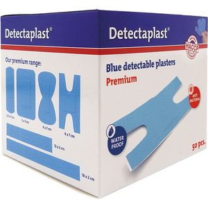 Detectaplast blauwe knokkel pleisters Premium, metaaldetecteerbare, waterdichte en vuilwerende pleisters sensitive, voor de voedingsindustrie, catering en grootkeuken, 68 x 38 mm (knokkel), 50 stuks