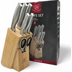 Royal Swiss - Messenset - 7-delig - Keukenmessen met Bamboe Messenblok - RVS en Hout