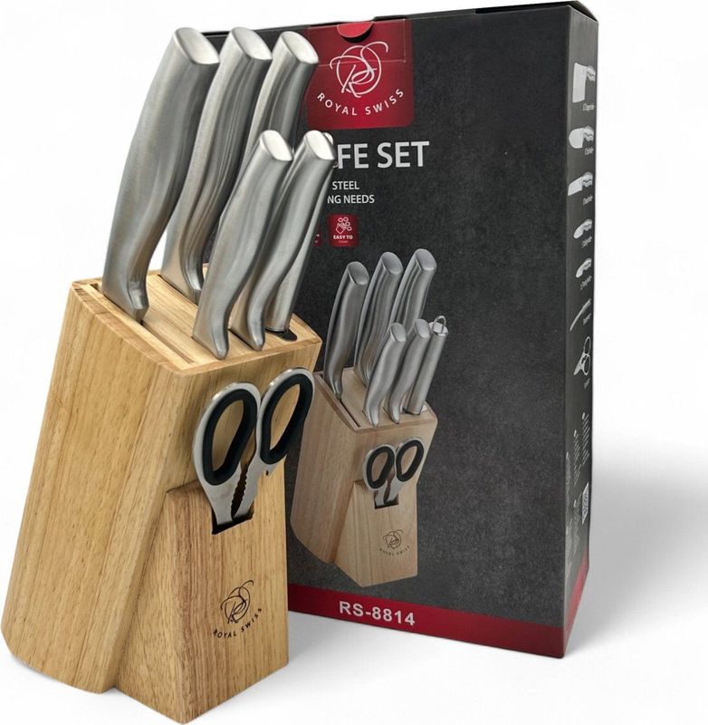 Royal Swiss - Messenset - 7-delig - Keukenmessen met Bamboe Messenblok - RVS en Hout
