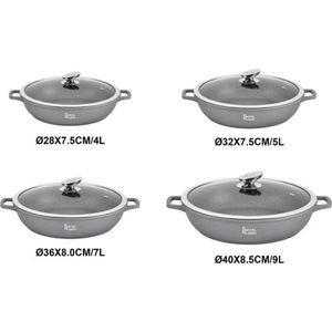 Royal Swiss Inductie Kookpot 28cm 4L - Braadpan met Antiaanbaklaag en Steencoating Glazen Deksel - Zilver