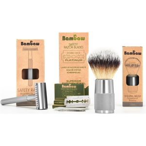 Scheerset met Vegan Scheerkwast Bambaw | Zilver | 100 Scheermesjes en Metalen Safety Razor  | Duurzaam Cadeau voor Feesten | Geschenkset mannen en vrouwen | Scheeremesjes Vrouw & Man | Set Cadeau voor man