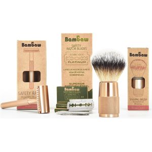 Scheerset met Vegan Scheerkwast Bambaw | Zwart | 100 Scheermesjes en Metalen Safety Razor  | Cadeau voor Feesten | Duurzaam Geschenkdoos met Scheerborstel Vegan | Nat Scheren | Scheeremesjes Vrouw & Man | Set Cadeau voor man