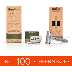 Bambaw Metalen Scheermes pack met 100 Scheermesjes -mannen vrouwen – Safety Razor Mannen – Safety Razor voor vrouwen – Voor Double Edge Mesjes - Geschenkset - Zilver