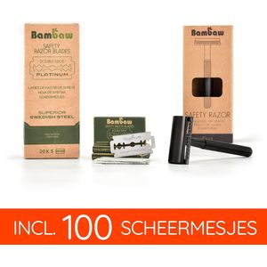 Bambaw Metalen Scheermes pack met 100 Scheermesjes -mannen vrouwen – Safety Razor Mannen – Safety Razor voor vrouwen – Voor Double Edge Mesjes - Geschenkset - Zwart