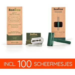 Bambaw Metalen Scheermes pack met 100 Scheermesjes -mannen vrouwen – Safety Razor Mannen – Safety Razor voor vrouwen – Voor Double Edge Mesjes - Geschenkset - Zeegroen