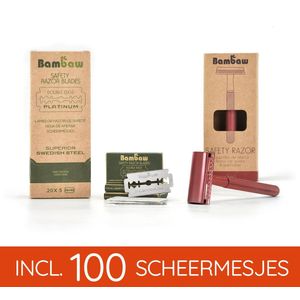 Bambaw Metalen Scheermes pack met 100 Scheermesjes -mannen vrouwen – Safety Razor Mannen – Safety Razor voor vrouwen – Voor Double Edge Mesjes - Geschenkset - Rood