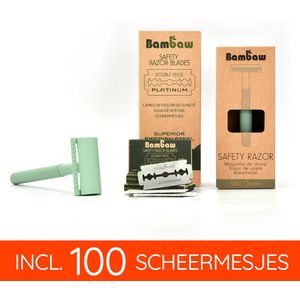 Bambaw Metalen Scheermes pack met 100 Scheermesjes -mannen vrouwen – Safety Razor Mannen – Safety Razor voor vrouwen – Voor Double Edge Mesjes - Geschenkset - Mintgroen