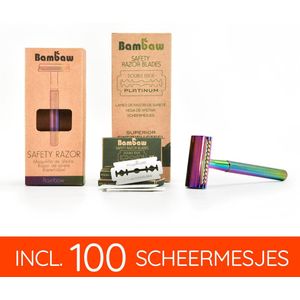 Bambaw Metalen Scheermes pack met 100 Scheermesjes -mannen vrouwen – Safety Razor Mannen – Safety Razor voor vrouwen – Voor Double Edge Mesjes - Geschenkset - Regenboog