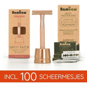 Bambaw Metalen Scheermes pack met 100 Scheermesjes met Standaard -mannen vrouwen – Safety Razor Mannen – Safety Razor voor vrouwen – Voor Double Edge Mesjes - Geschenkset - Roségoud