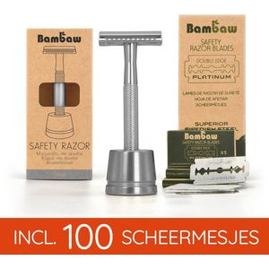 Bambaw Metalen Scheermes pack met 100 Scheermesjes met Standaard -mannen vrouwen – Safety Razor Mannen – Safety Razor voor vrouwen – Voor Double Edge Mesjes - Geschenkset - Zilver