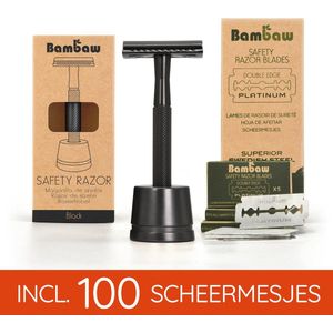 Pack Safety Razor met Stand en 100 Scheermesjes | Bambaw | Zwart | Metalen Veiligheidsscheermes | Duurzaam Geschenkset mannen en vrouwen  | Cadeau voor Feesten  |  100 Scheeremesjes | Set Cadeau voor man