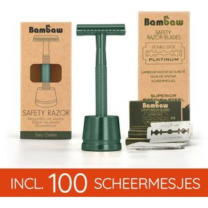 Bambaw Metalen Scheermes pack met 100 Scheermesjes met Standaard -mannen vrouwen – Safety Razor Mannen – Safety Razor voor vrouwen – Voor Double Edge Mesjes - Geschenkset - Zeegroen