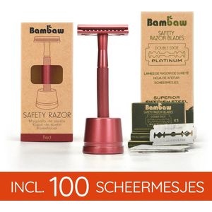 Pack Safety Razor met Stand en 100 Scheermesjes | Bambaw | Rood | Metalen Veiligheidsscheermes | Duurzaam Geschenkset vrouwen en mannen  | Cadeau voor Feesten  |  100 Scheeremesjes | Set Cadeau voor vrouw