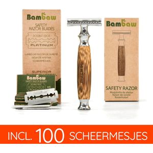 Pack Bamboe Safety Razor met 100 Scheermesjes | Klassiek Zilver | Houten Traditionele Scheermes | Duurzaam Geschenkset vrouwen en mannen  | Cadeau voor Feesten  |  100 Scheermesjes | Set Cadeau voor man | Bambaw