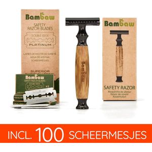 Pack Bamboe Safety Razor met 100 Scheermesjes | Klassiek Zwart | Houten Traditionele Scheermes |  Duurzaam Geschenkset mannen en vrouwen  | Cadeau voor Feesten  |  100 Scheeremesjes | Set Cadeau voor vrouw | Bambaw