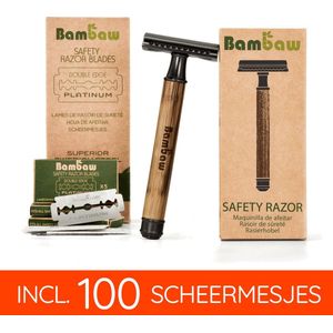 Pack Bamboe Safety Razor met 100 Scheermesjes | Slim Zwart | Houten Traditionele Scheermes | Duurzaam Geschenkset vrouwen en mannen  | Cadeau voor Feesten  |  100 Scheeremesjes | Set Cadeau voor man | Bambaw