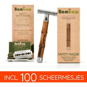 Pack Bamboe Safety Razor met 100 Scheermesjes | Slim Zilver | Houten Traditionele Scheermes |  Duurzaam Geschenkset mannen en vrouwen  | Cadeau voor Feesten  |  100 Scheeremesjes | Set Cadeau voor vrouw | Bambaw