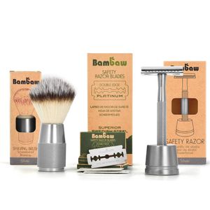 Scheerset met Vegan Scheerkwast Bambaw | Zilver | 100 Scheermesjes en Metalen Safety Razor met Scheermeshouder | Cadeau voor Feesten | Scheerborstel Vegan | Borstel voor Scheerschuim | Nat Scheren | Scheeremesjes Vrouw & Man | Set Cadeau voor man