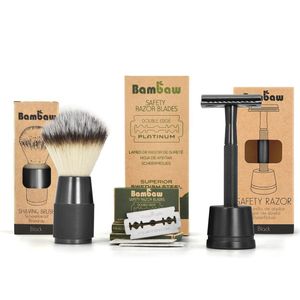 Scheerset met Vegan Scheerkwast Bambaw | Zwart | 100 Scheermesjes en Metalen Safety Razor met Scheermeshouder | Cadeau voor Feesten | Scheerborstel Vegan | Borstel voor Scheerschuim | Nat Scheren | Scheeremesjes Vrouw & Man | Set Cadeau voor man