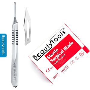 BeautyTools Scalpel Set met Bistouri houder Nr. 4 + Scalpelmesjes Nr. 25 (100 Stuks) - Pedicure Mesjes - Steriel Verpakt (BP-0737)