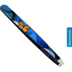 BeautyTools Epileerpincet PRECISION - Pincet met Schuine Bek Voor Wenkbrauwen - Blue Butterfly - Tweezers (9.5 cm) - Inox (BT-1871)