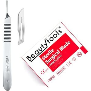 BeautyTools Scalpel Set met Bistouri houder Nr. 3 + Scalpelmesjes Nr. 10 (100 Stuks) - Pedicure Mesjes - Steriel Verpakt (BP-0645)