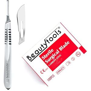 BeautyTools Scalpel Set met Bistouri houder Nr. 4 + Scalpelmesjes Nr. 22 (100 Stuks) - Pedicure Mesjes - Steriel Verpakt (BP-0706)