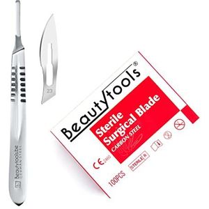 BeautyTools Scalpel Set met Bistouri houder Nr. 4 + Scalpelmesjes Nr. 23 (100 Stuks) - Pedicure Mesjes - Steriel Verpakt (BP-0713)