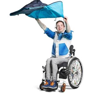 MyBlanket Zomer S/M, compact en licht, wind- en waterdicht rolstoeldeken, snel geplaatst zonder op te staan uit de rolstoel, voor manuele én elektrische rolstoel; 38 x 24 x 8 cm ; 0,45 kg, wasbaar op 30°C - Night Blue met Turquoise rits