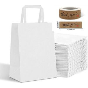 50 x witte papieren draagtassen In Kraftpapier Met Platte Oren 18x8x22cm en stickers cadeautje voor jou / papieren tassen wit/ Kraft Papieren Tasjes Met Handvat/ Cadeautasjes met vlak handgrepen / Zakjes/