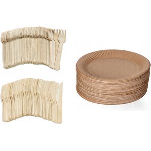 300 x x Houten wegwerp bestek set eco/milieubewust - 100 Vorken 16cm/ 100 messen 16cm/100 borden 23cm- Duurzaam
