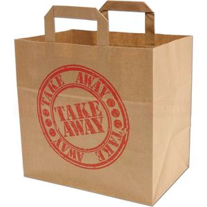 50 Bruine Papieren Draagtassen "" Take away "" 26 x 17 x 25cm - Take-away zakjes / Takeaway papieren zakken Kraft Papieren Take Away Tasjes Met Handvat / Zakjes met vlak handgrepen