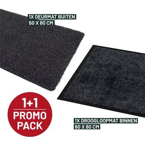 Voordeelpak 2 stuks - Deurmat buiten OUTDOOR + Deurmat binnen grijs OPTICLEAN - Studio M - 1x droogloopmat binnen 60x80 cm + 1x deurmat buiten 50x80cm - ANTRACIET