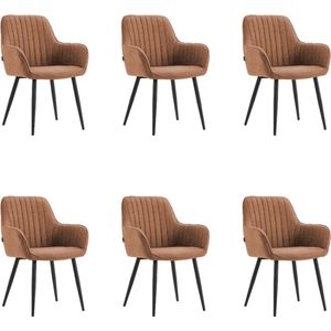 Colenis® - Veli eetkamerstoel - Set Van 6 - Cognac - Microfiber Stof - Met Armleuning