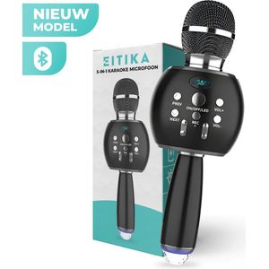 EITIKA 5-in-1 Karaoke Microfoon - Draadloos & Bluetooth – Ingebouwde Speaker & Disco Lichten – Incl. AUX-kabel - Microfoon Kinderen - Karaoke Set - Zwart