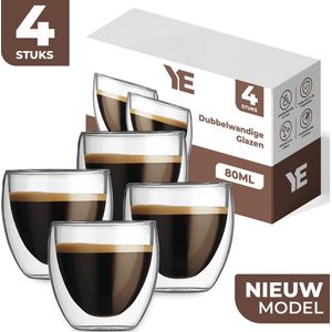 YE® Dubbelwandige Glazen - Theeglazen - 200 ml - 4 stuks - Latte Macchiato / Cappucino Glazen - Koffieglazen Dubbelwandig - Koffietassen - Vaatwasserbestendig