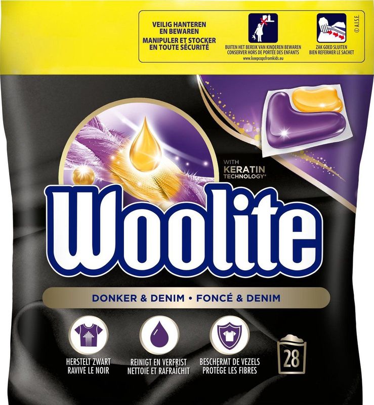 Woolite - Zwart Donker & Denim Wasmiddel - 28 Capsules - Met Keratine