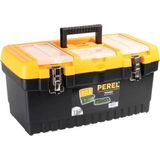 Perel Gereedschapskist, polypropyleen, met afneembare gereedschapshouder, 3 vakken in het deksel, inklapbare handgreep en metalen sluitingen, zwart/geel, 486 x 267 x 242 mm