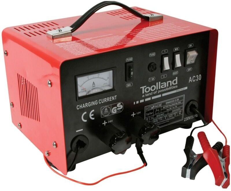 Toolland Acculader 12/24 V, met booster/starthulp 20 A, robuuste metalen behuizing, rood