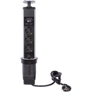 Perel Pop-upstekkerdoos, 3 stopcontacten met randaarde (type F), 2 USB-poorten, montagegat 71 mm, gebruik binnenshuis, zwart/grijs