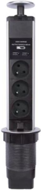Perel - Pop-upstekkerdoos - 3 Stopcontacten - Zwart/Grijs - 2 USB-poorten