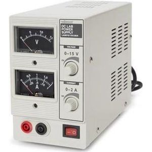 Velleman Laboratoriumvoeding, regelbaar, 0-15 VDC/0-2 A, stroombegrenzing, kortsluitbestendig, analoog, grijs