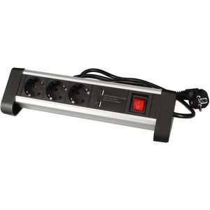 Perel desktop contactdoos met 3 stopcontacten, 2 USB-poorten en schakelaar, zwart, voor Nederland