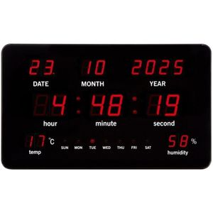 Perel Wandklok, met led-display, digitaal, thermometer, hygrometer, zwart, rood