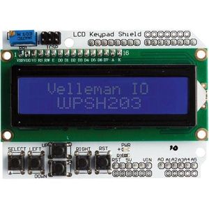 Whadda LCD-shield en toetsenbord voor Arduino®, blauwe achtergrond, witte karakters, contrastinstelling, reset- en navigatieknoppen