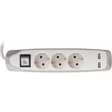 Perel Stekkerdoos met schakelaar, 3 stopcontacten met randaarde (Schuko, type F), 2 USB-poorten, kabel 1.5 m, 3G1.5, gebruik binnenshuis, wit
