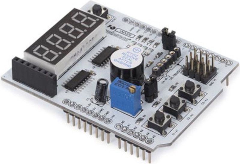 Multifunctioneel uitbreidingsboard voor Arduino - Grijs - 4-digit display - SMD-leds - Buzzer - Drukknoppen - Interfaces