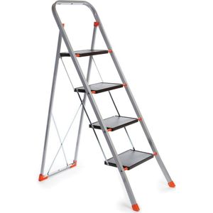 Relaxdays huishoudtrap, 4 treden, inklapbaar, staal, draagvermogen tot 150 kg, keukentrap, trapladder, grijs/zwart